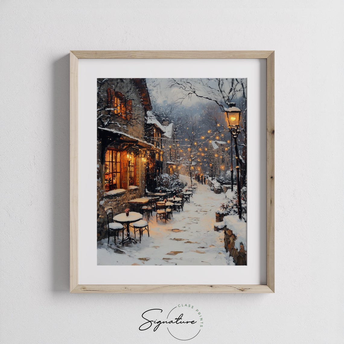 Snowy Village Square With Outdoor Cafe Winter String Lights Poster - Image 2