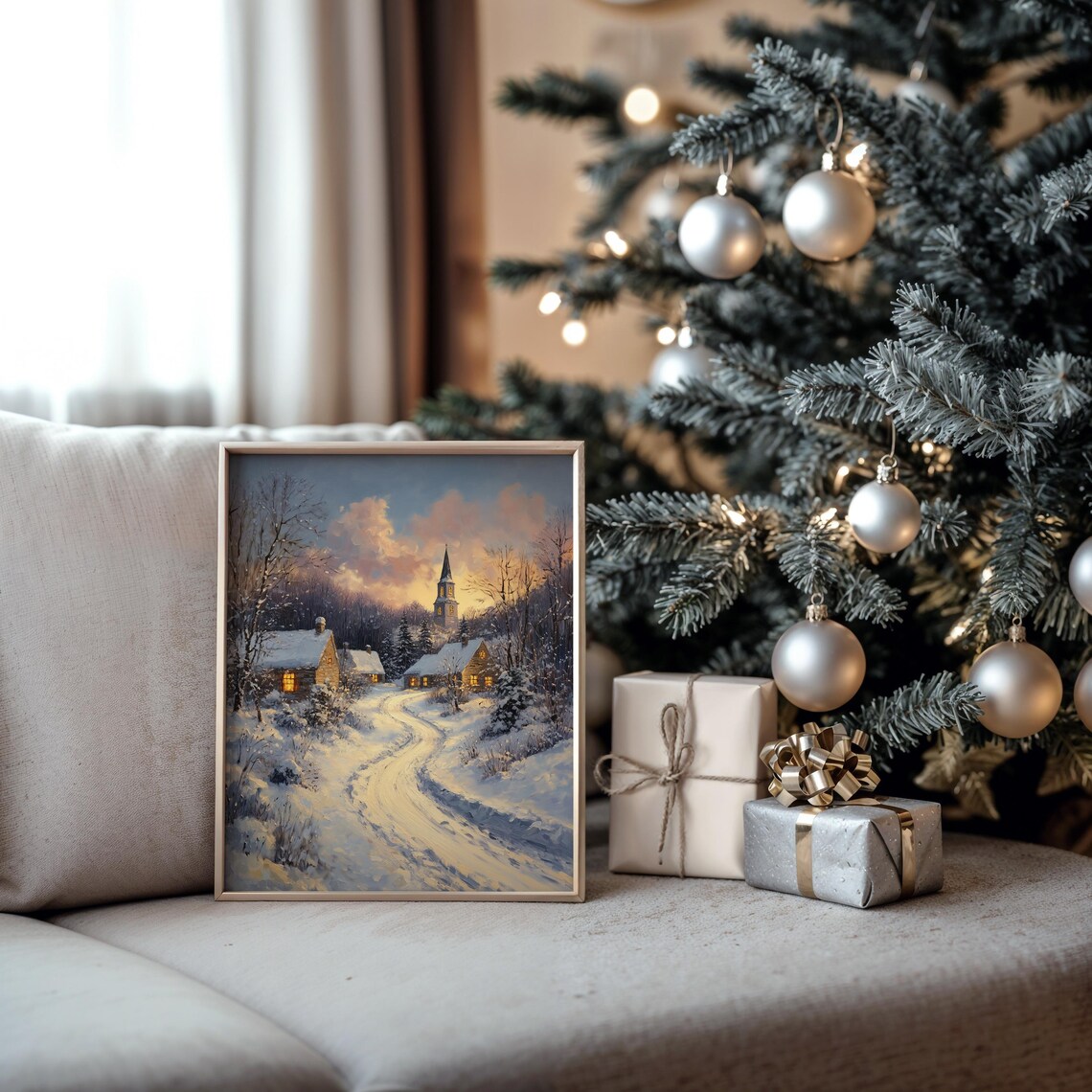 Snowy Church Village at Dusk with Glowing Windows Winter Poster - Image 5