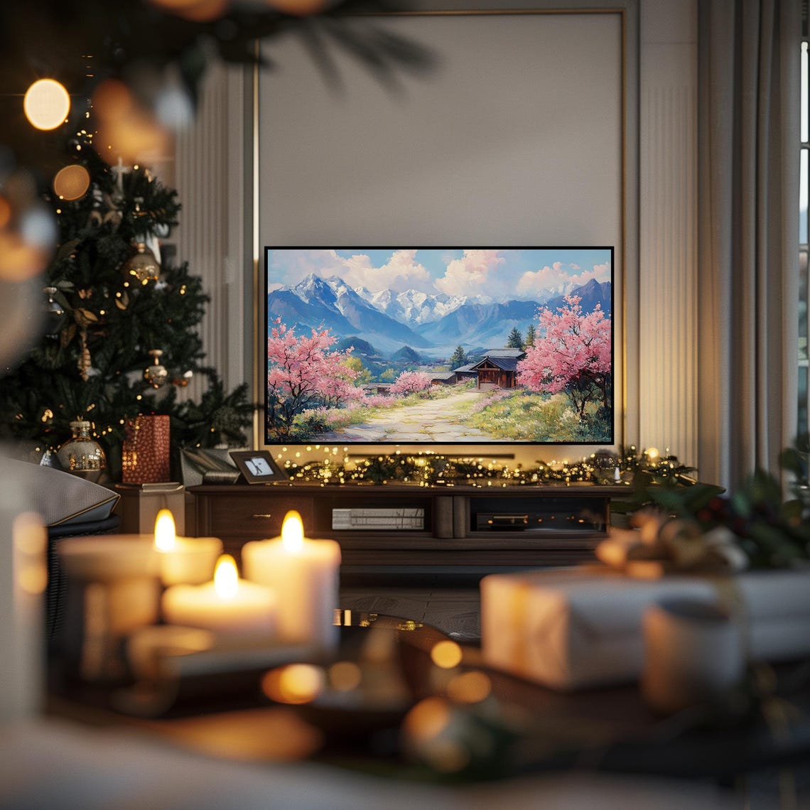 Cherry Blossom Village And Snowy Peaks Spring Frame TV Wall Art - Image 3