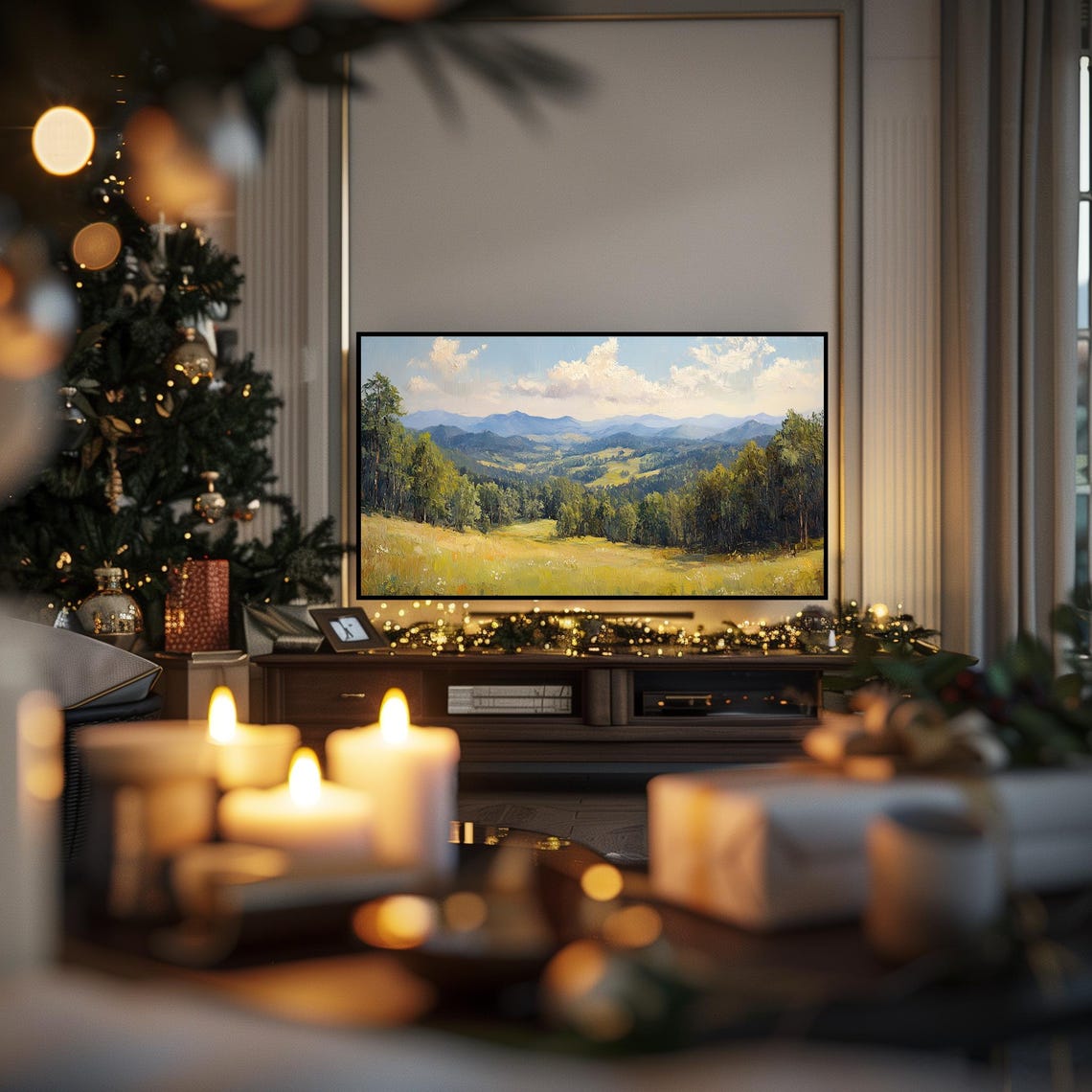Green Forest Valley Sunlit Meadow Hazy Mountain Landscape Wall Art - Image 3