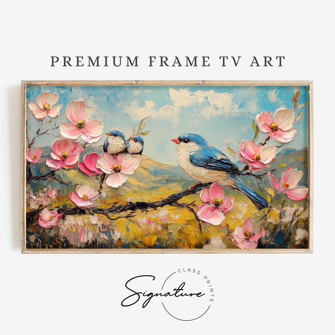 Bluebird Family On Pink Dogwood Branch Sunny Meadow View Poster
