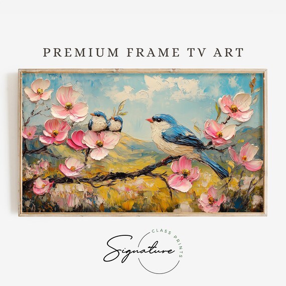 Bluebird Family On Pink Dogwood Branch Sunny Meadow View Poster