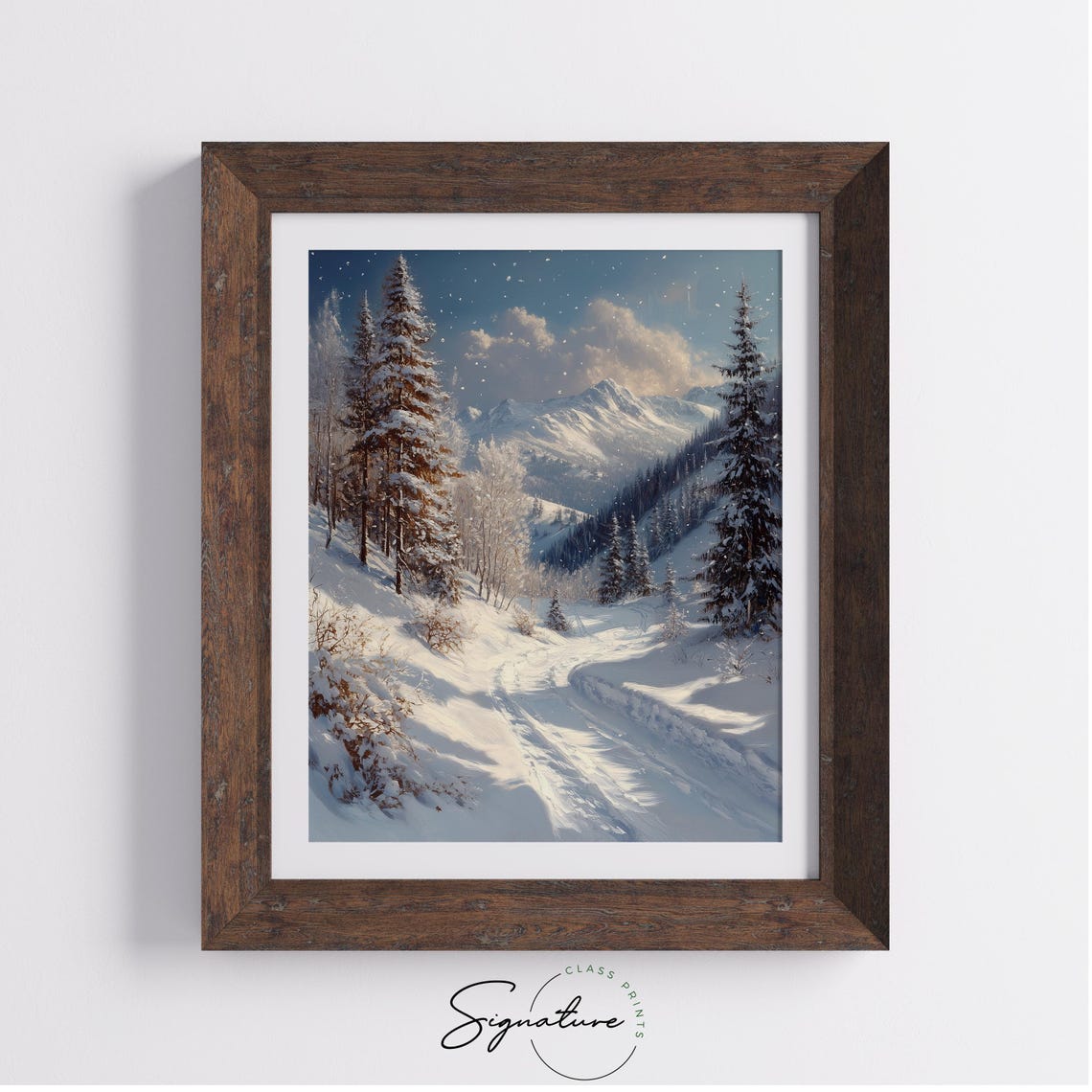 Sunlit Mountain Pass with Snow Laden Pines Winter Trail Poster - Image 3