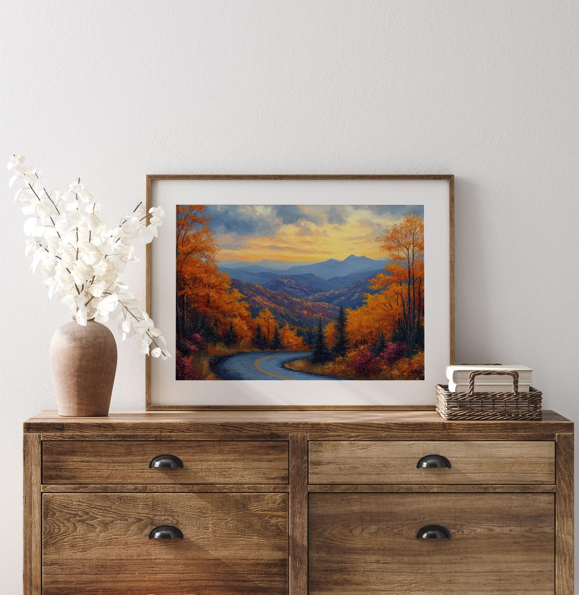 Winding Mountain Road Through Fiery Autumn Forest at Sunset Poster - Image 3