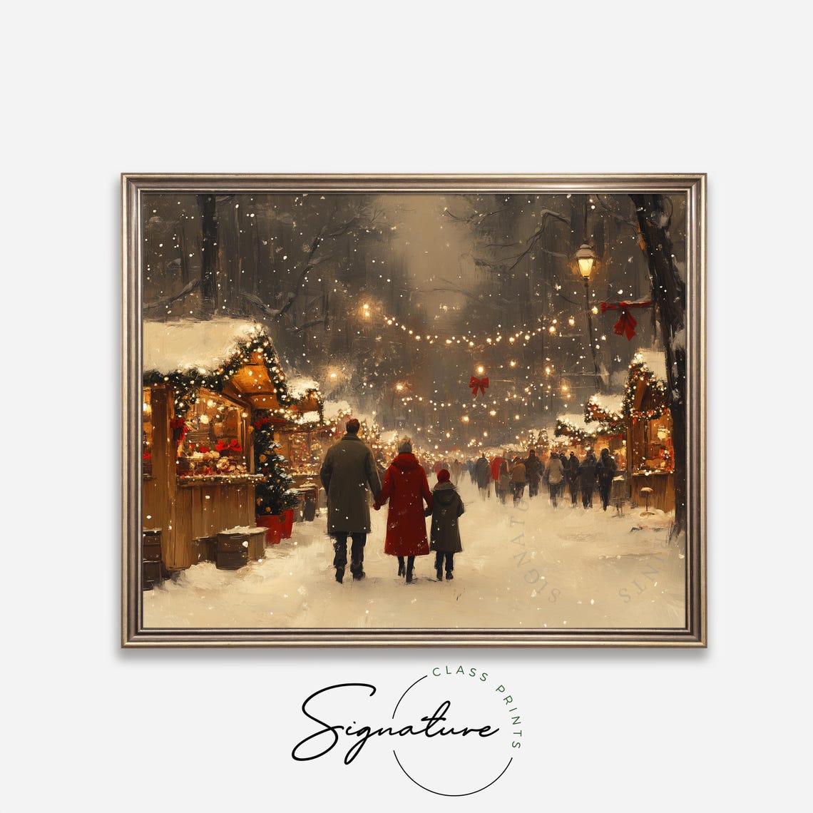 Christmas Market At Night With String Lights And Snow Winter Poster - Image 4