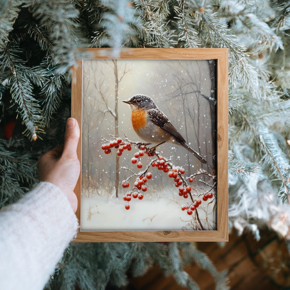 Robin On Frosty Berry Branch In Falling Snow Winter Art Poster - Image 6