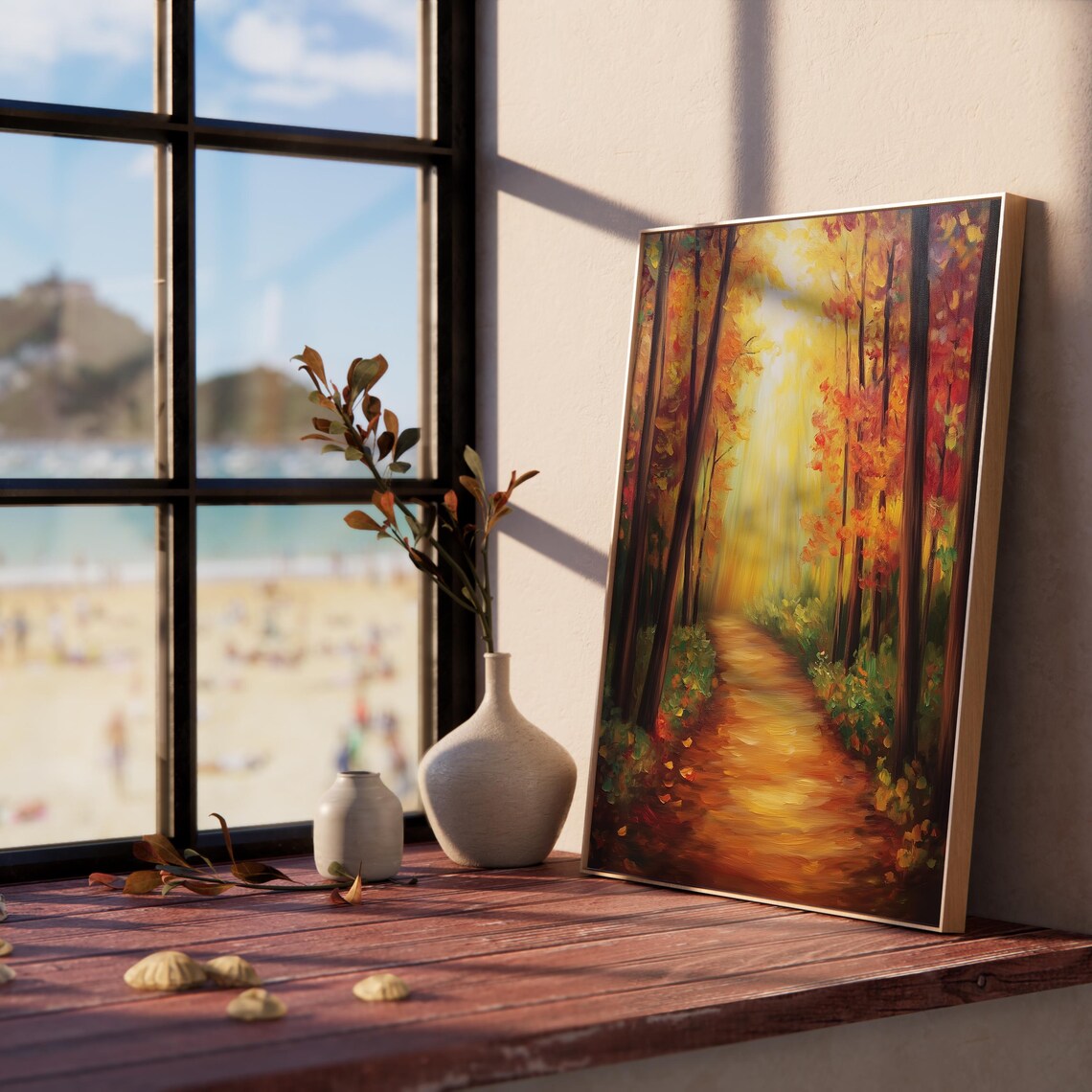 Sunbeams Pouring Down an Autumn Forest Path in Golden Light Poster - Image 5