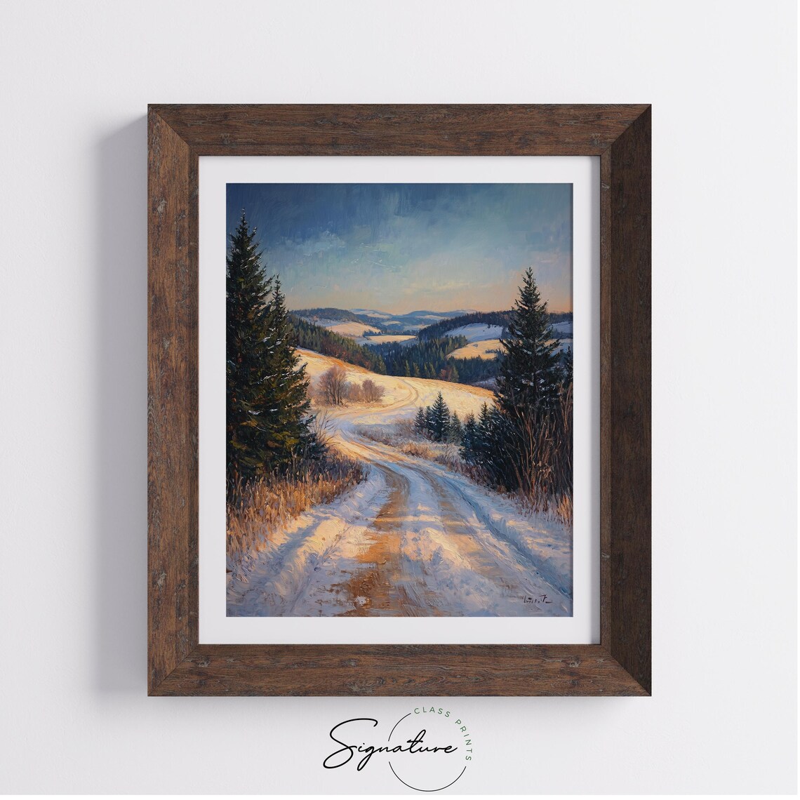 Golden Light Country Road Through Snowy Winter Hills Oil Painting Print - Image 2