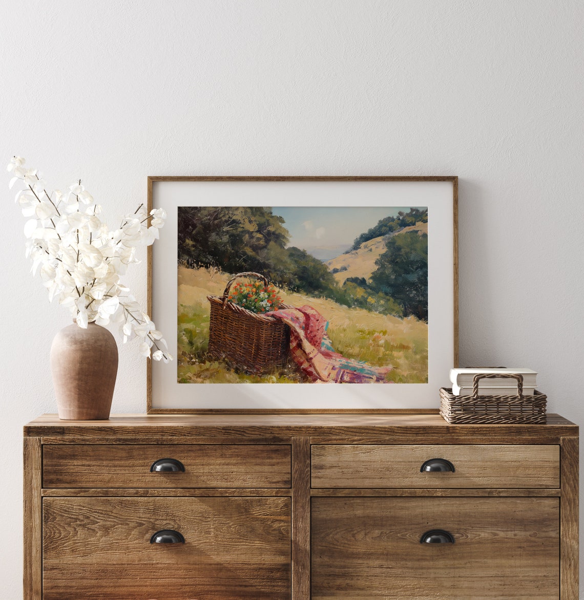 Rustic Picnic Basket Wildflowers Hillside Meadow Oil Painting Wall Art - Image 3