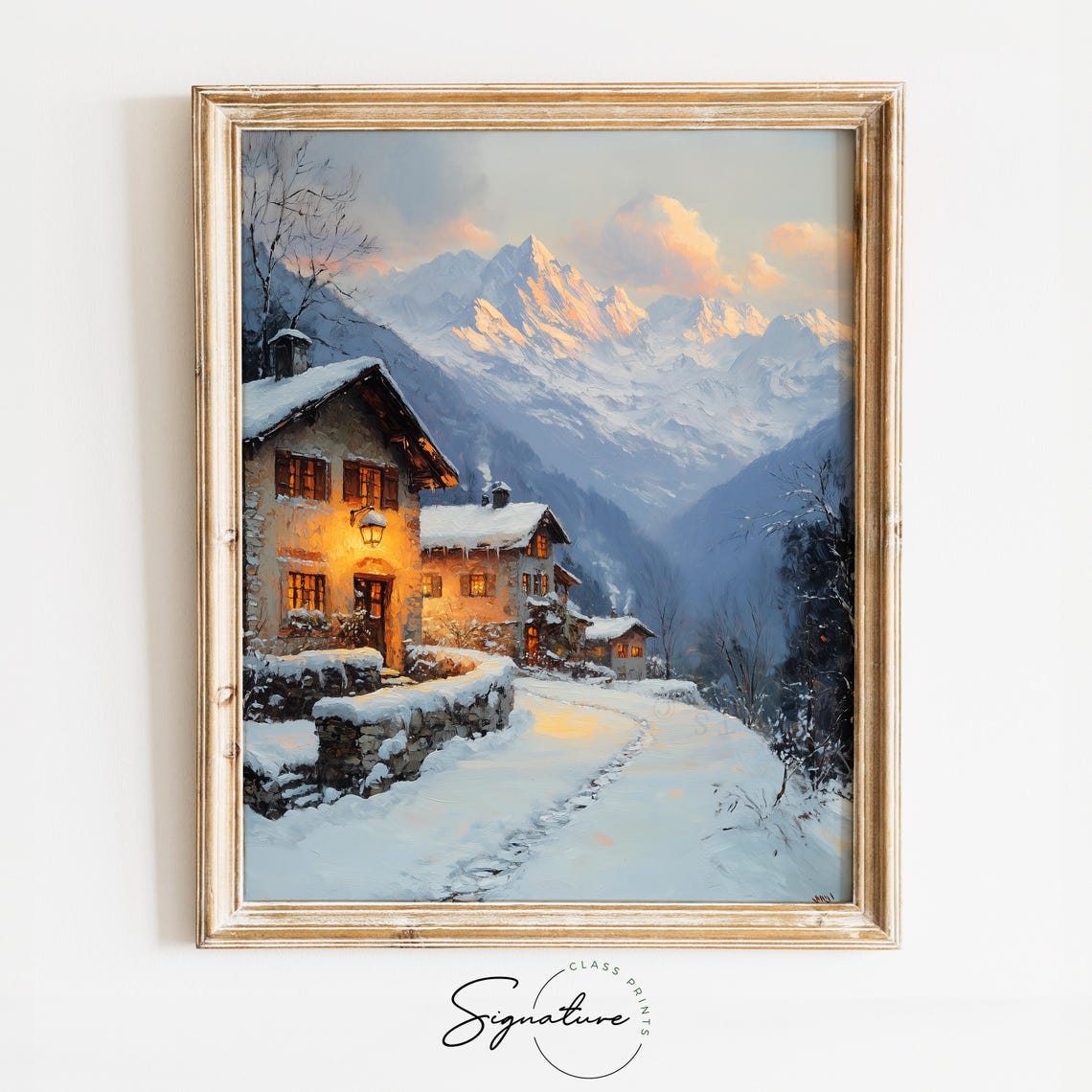 Alpine Village with Snowy Mountain Peak at Golden Sunset Poster