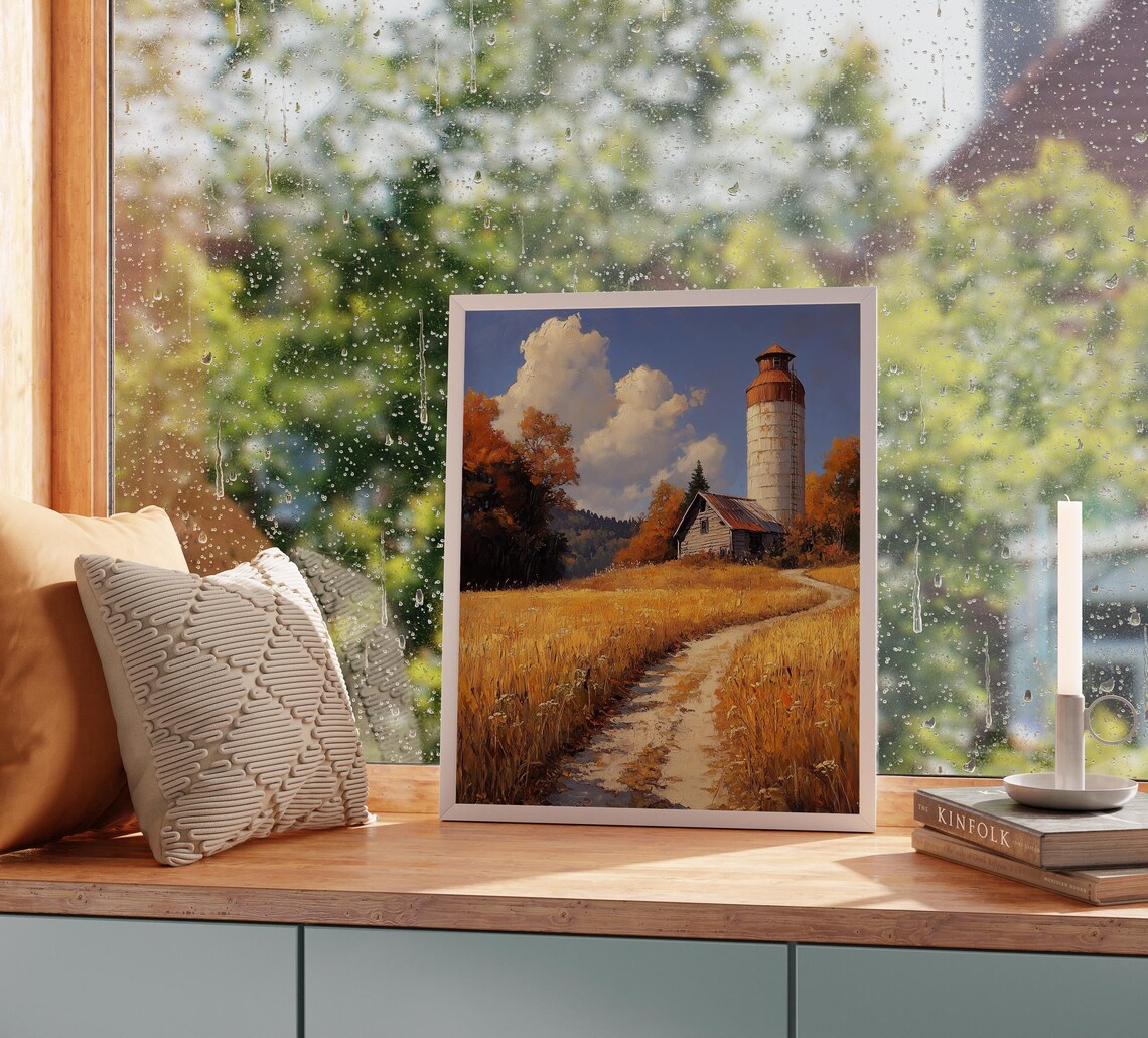 White Silo With Red Top and Wooden Barn on Golden Autumn Farm Road Wall Art - Image 2