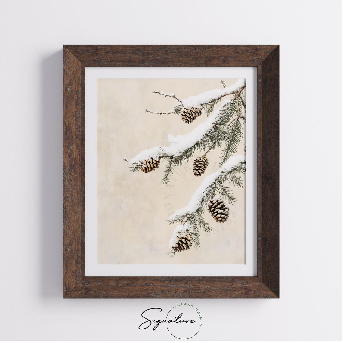 Snowy Pine Branch With Pinecones On Cream Minimalist Winter Wall Art - Image 3