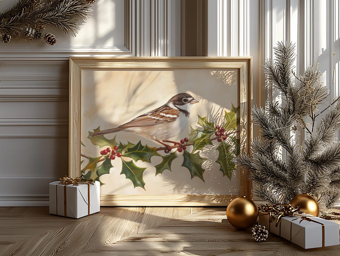 White Throated Sparrow on Holly Branch Berries Bird Art Poster - Image 6