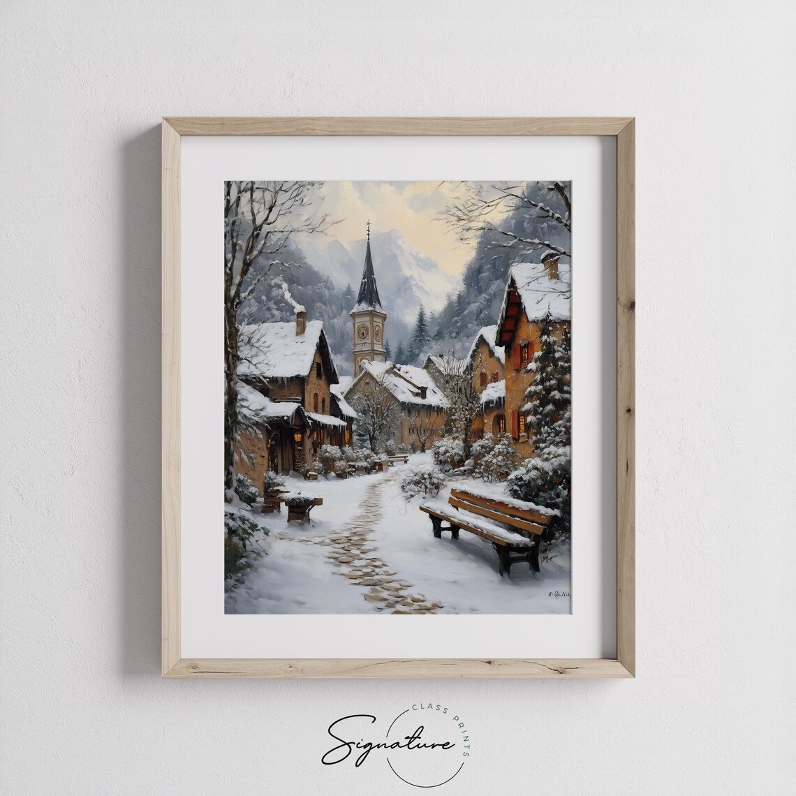 Snowy Alpine Village with Church Tower and Glowing Windows Poster - Image 2