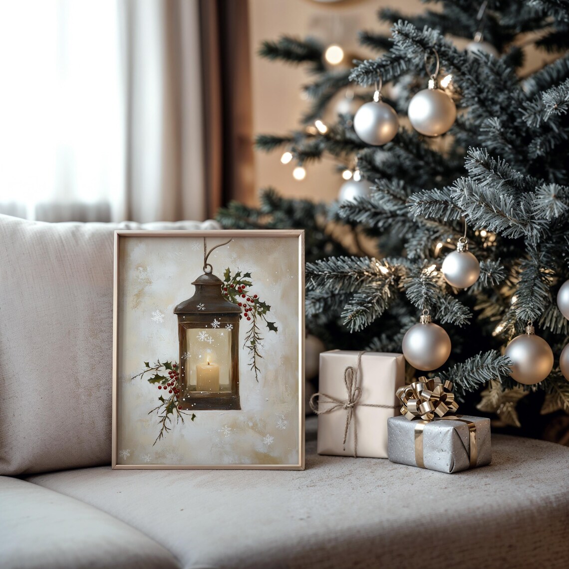 Hanging Lantern With Holly And Snowflakes Vintage Christmas Poster - Image 5