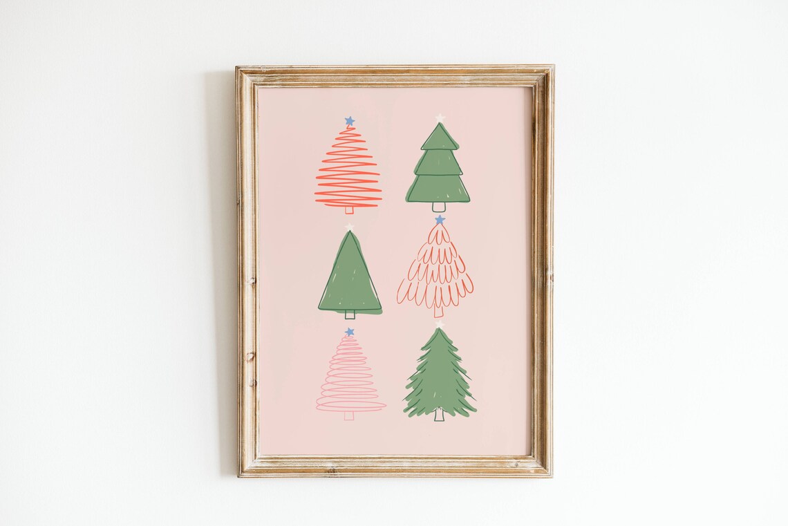 Minimalist Christmas Trees Pink Green Holiday Wall Art Print Poster - Image 2