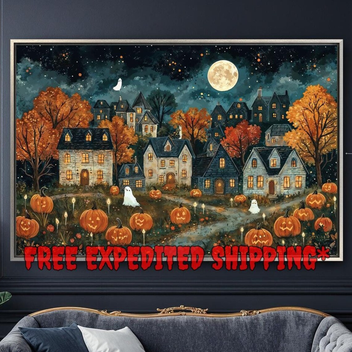 Halloween Village With Pumpkins, Spooky Autumn Poster