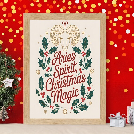Aries Spirit Christmas Magic Festive Zodiac Typography Poster Ram Art