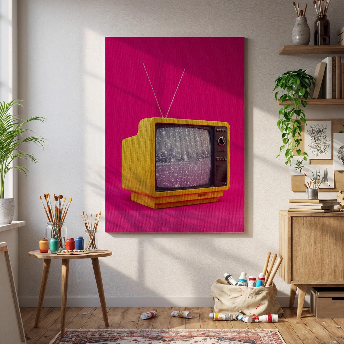 Vintage Yellow TV With Static Screen on Hot Pink Retro Pop Art Poster