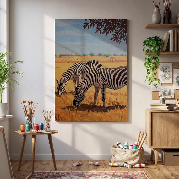 Zebra Wall Art Grazing Zebras In African Field Safari Animal Print Warm Landscape Canvas Decor For Living Room Or Office Space