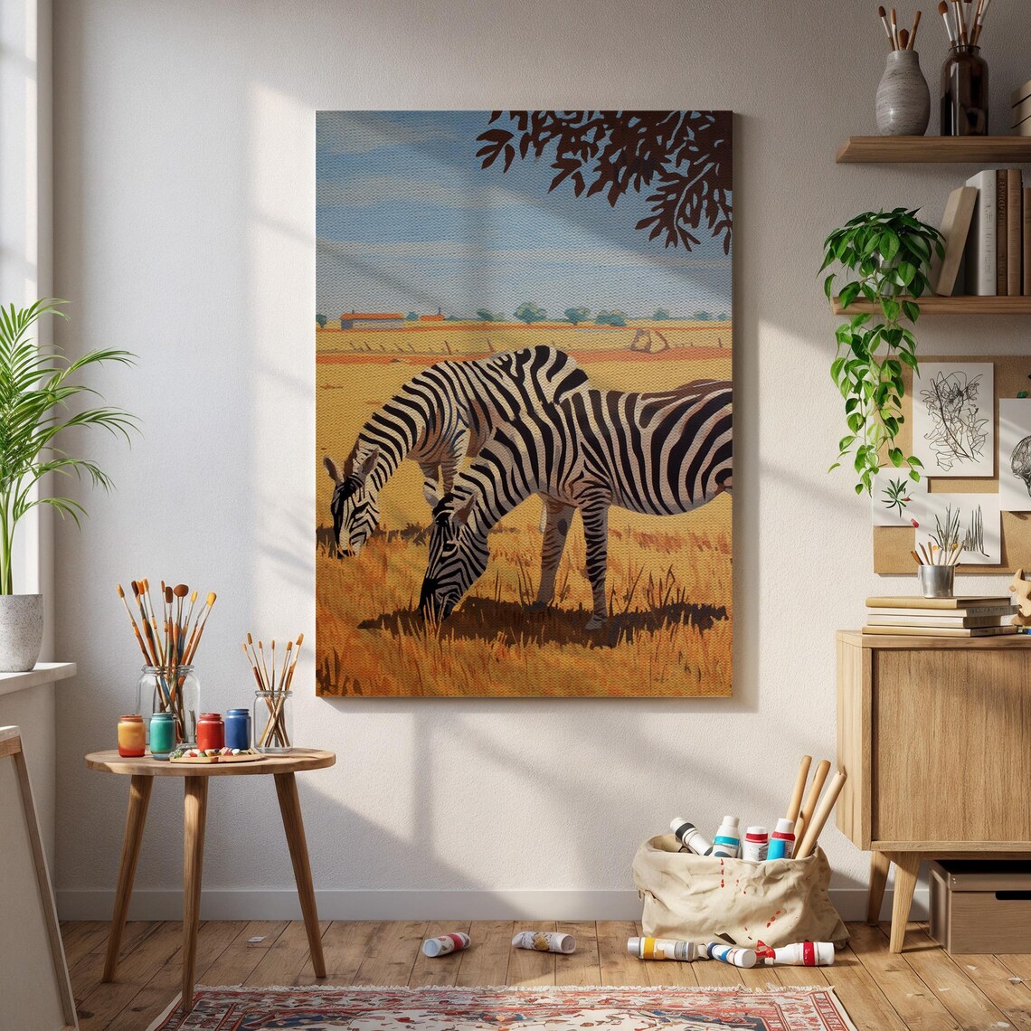 Zebras Grazing African Savanna Golden Field Safari Wildlife Poster