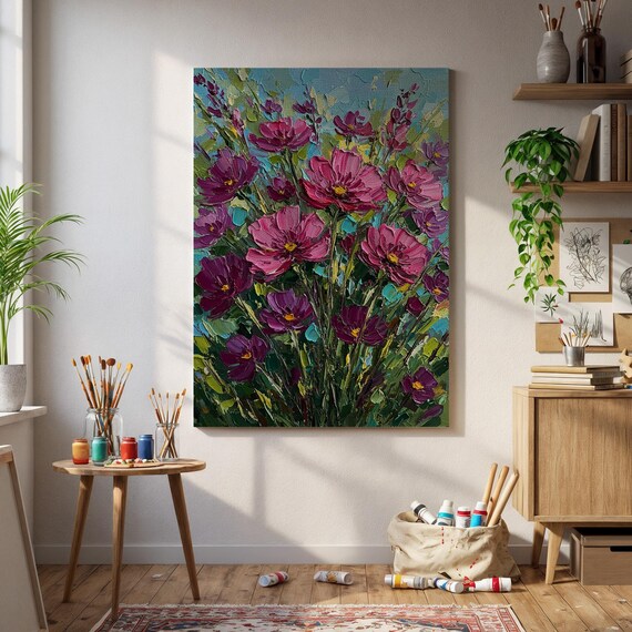 Framed Floral Canvas Wall Artbold Pink Blossom Texture Paintingvibrant Garden Botanical Artworkcolorful Gift For Nature And Flower Lovers