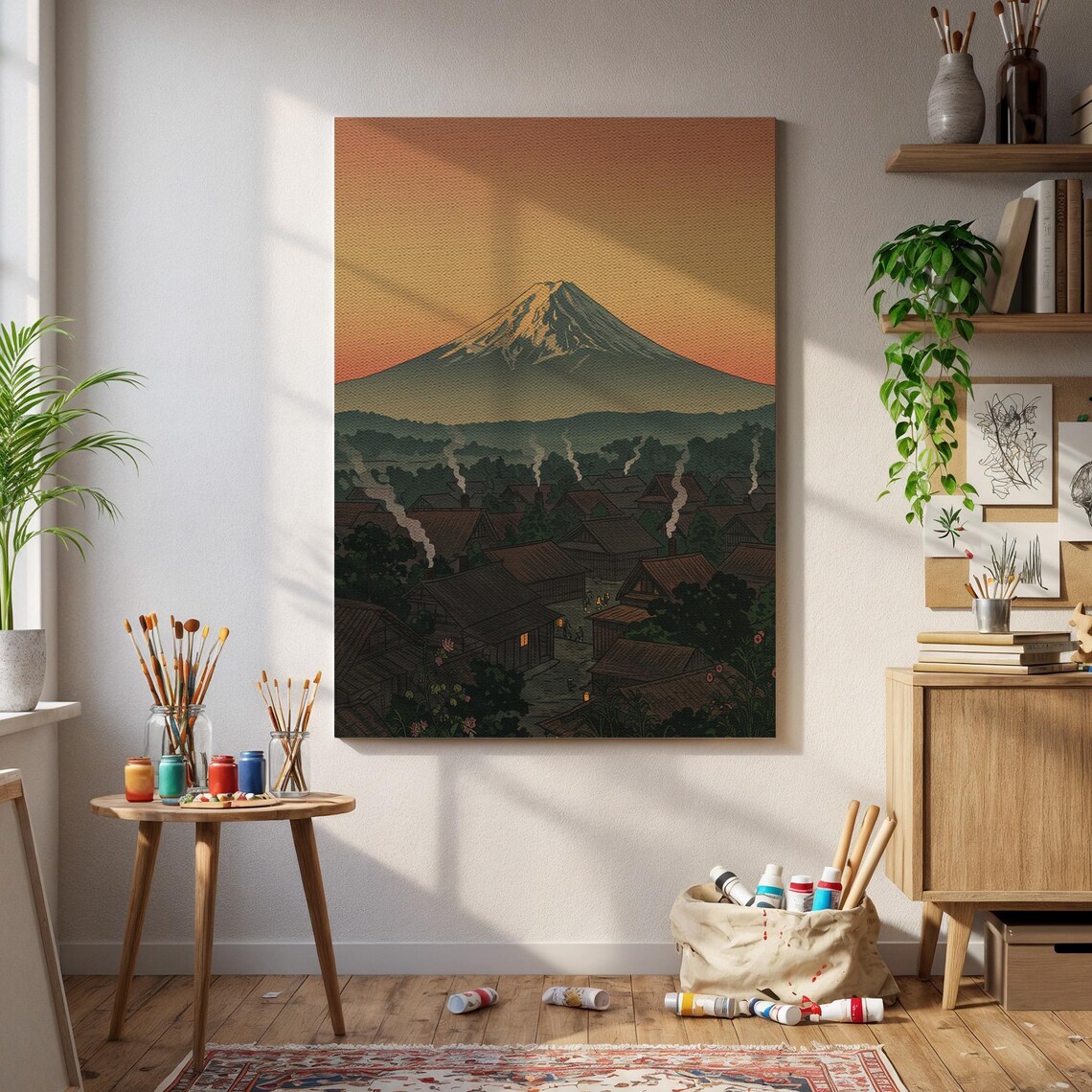 Mount Fuji Sunset Orange Sky Village Japanese Landscape Poster