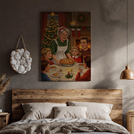 Family Christmas Dinner Pie Vintage Holiday Gathering Art Poster
