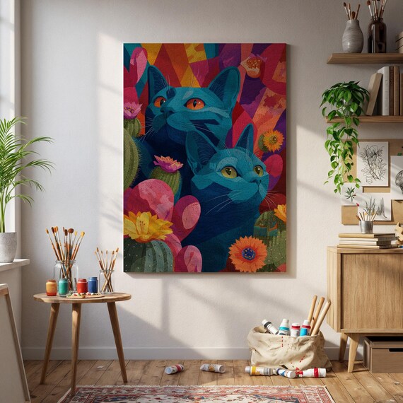 Blue Cats Cactus Garden Colorful Pop Art Illustration Poster