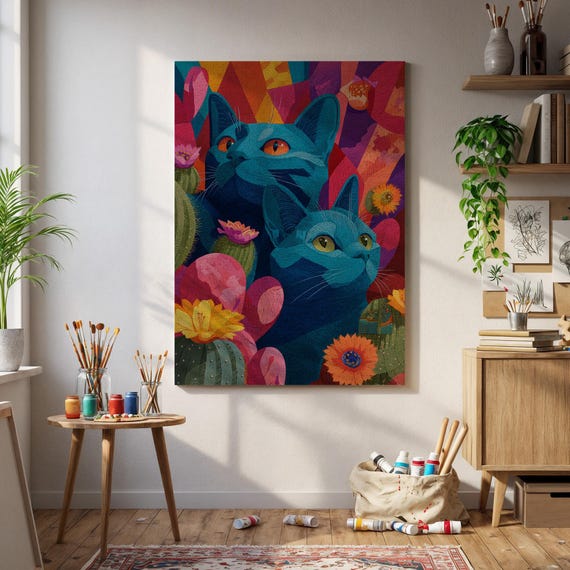 Colorful Blue Cats In Cactus Garden Wall Art Bright Floral Illustration With Playful Felines And Desert Blooms For Boho Home Decor