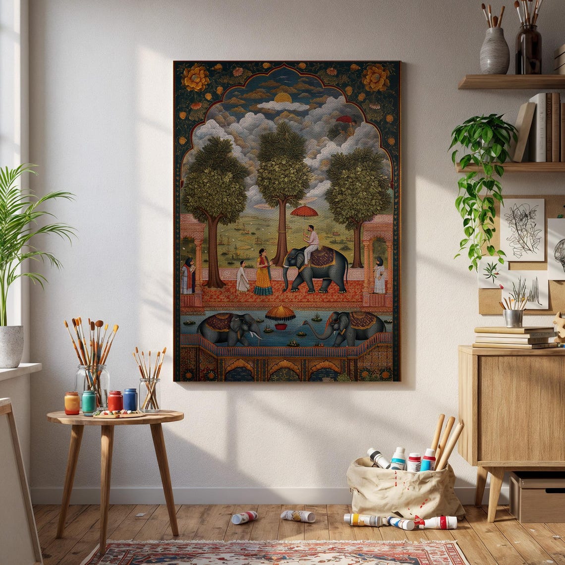 Mughal Style Elephant Procession Royal Art Print With Palatial Garden Scene Traditional Vintage Wall Poster For Cultural Decor