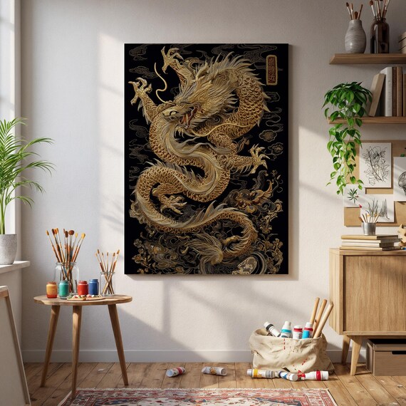 Gold Asian Dragon Canvas Traditional Chinese Style Wall Art With Black Background And Intricate Golden Details