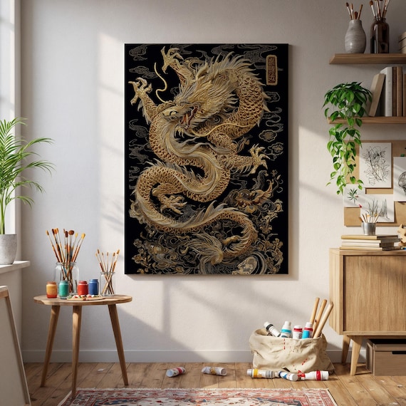 Golden Asian Dragon Black Background Traditional Chinese Wall Art