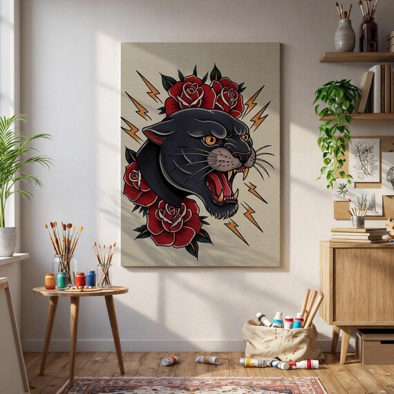 Panther Tattoo Flash Roaring Black Cat Roses Lightning Art Poster