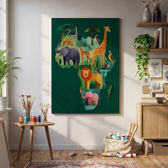 Africa Map Safari Animals Lion Elephant Giraffe Kids Nursery Poster