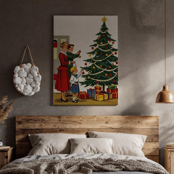 Vintage Christmas Tree Decorating Family Retro Holiday Poster