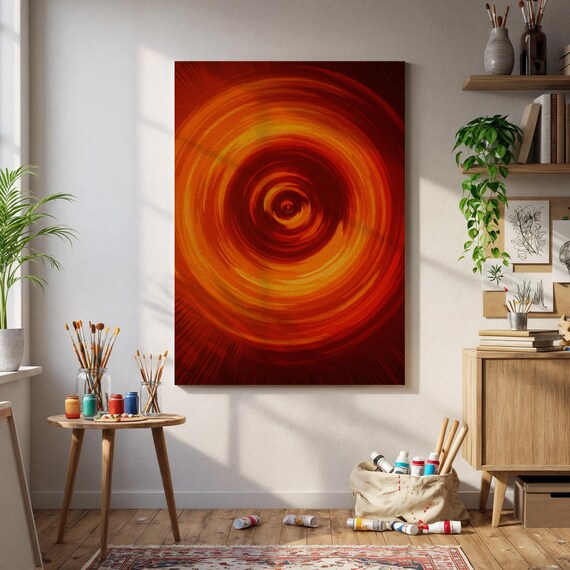Framed Red Orange Spiral Wall Art Bold Abstract Canvas Print For Modern Living Room Meditation Corner Or Eclectic Home Gallery