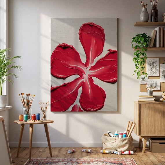 Framed Red Flower Impasto Canvas Art Bold Textured Acrylic Floral Painting Modern Wall Decor For Bedroom Studio Or Lovers Gift