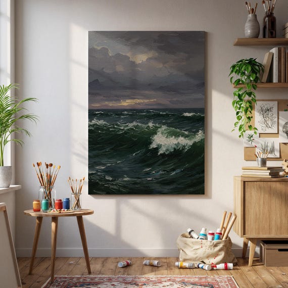 Stormy Ocean Waves Canvas Wall Art Dramatic Sea Painting In Moody Greens And Grays Coastal Nautical Decor For Bold Modern Interiors