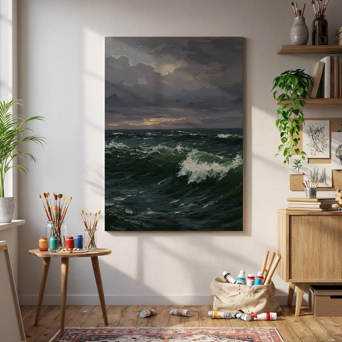 Stormy Ocean Waves Moody Dark Green Gray Dramatic Sea Poster
