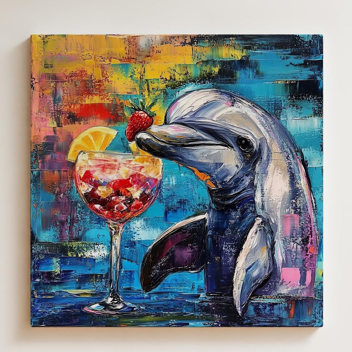 Dolphin Cocktail Beach Vibe Poster, Retro Tropical