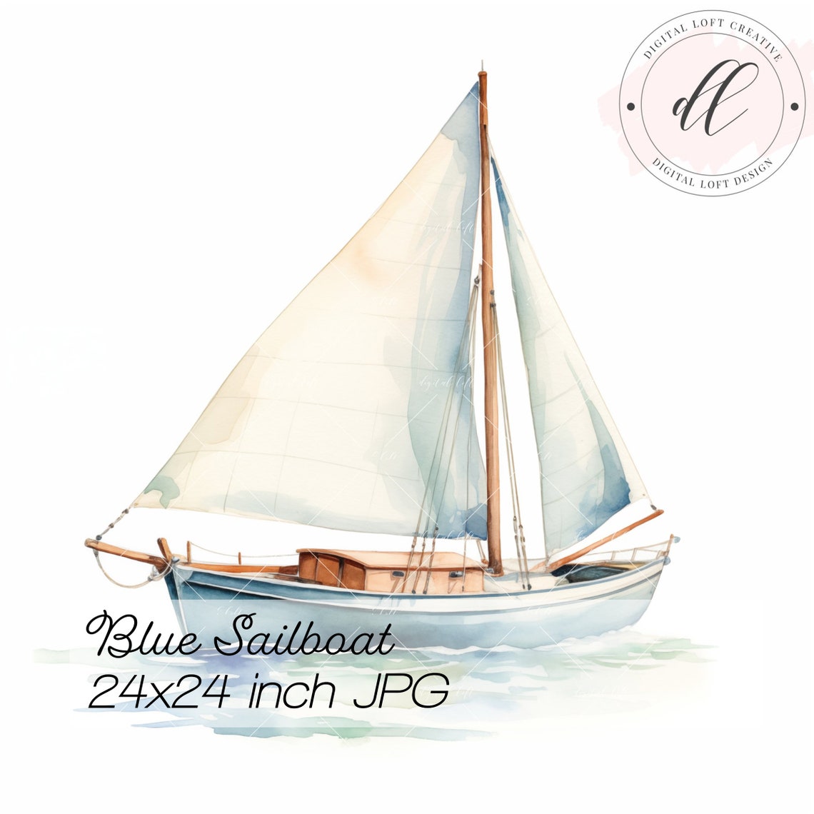 Blue Sailboat with White Sails Watercolor Nautical Art Poster