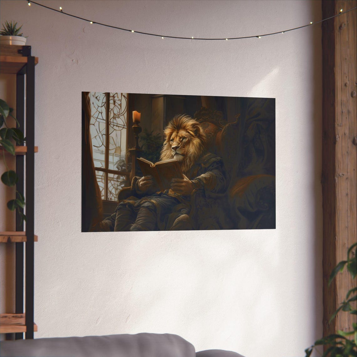 Lion Reading Book By A Stained Glass Window Regal Animal Poster - Image 3