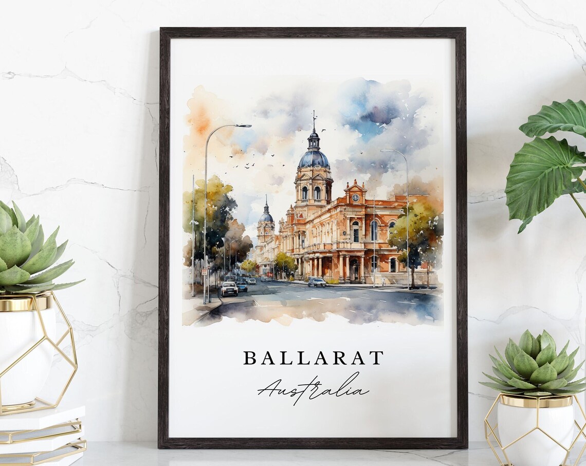 Ballarat Australia Historic Brick Town Hall Watercolor Art Poster - Image 2