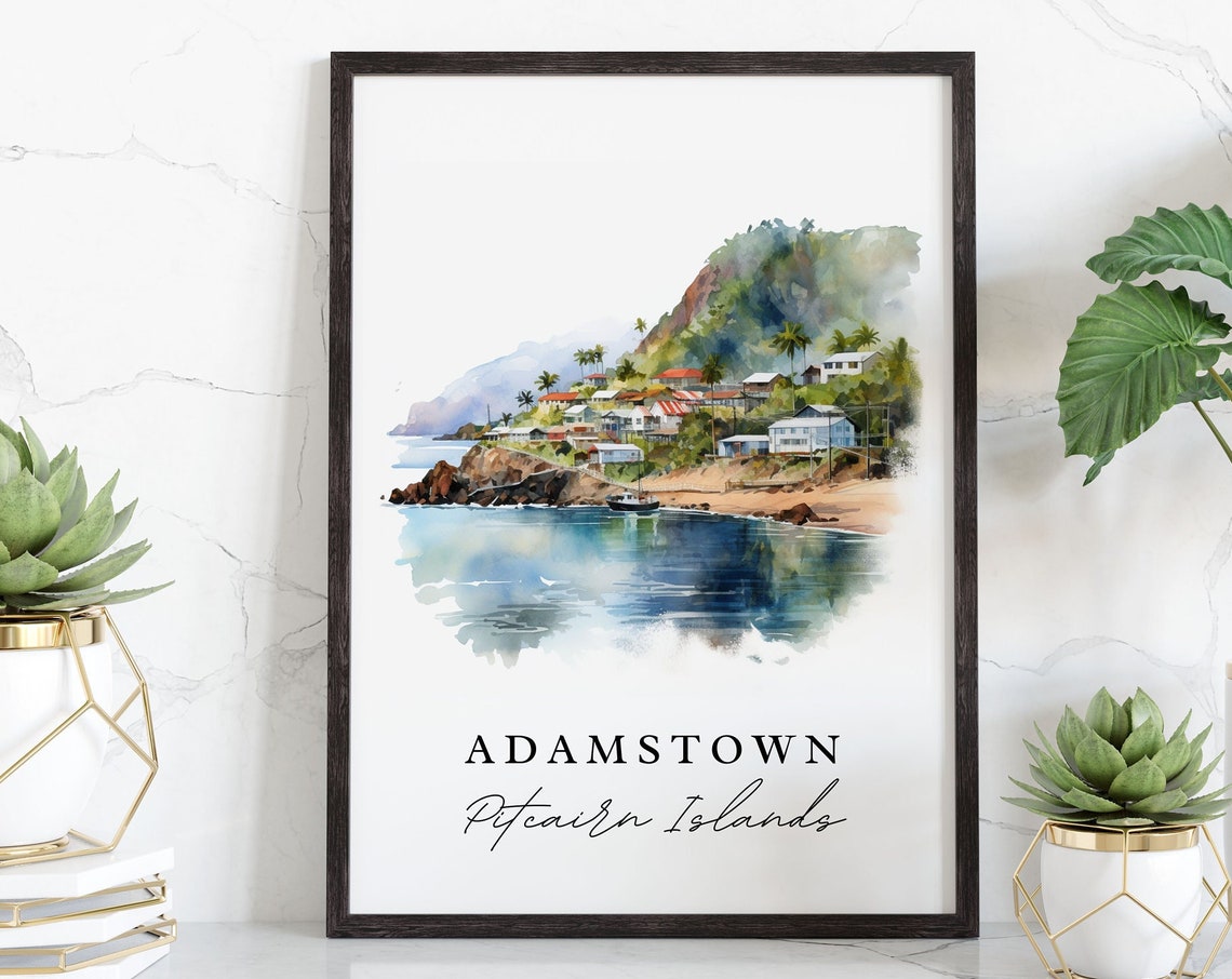Adamstown Pitcairn Islands Harbor Village Hillside Watercolor Poster