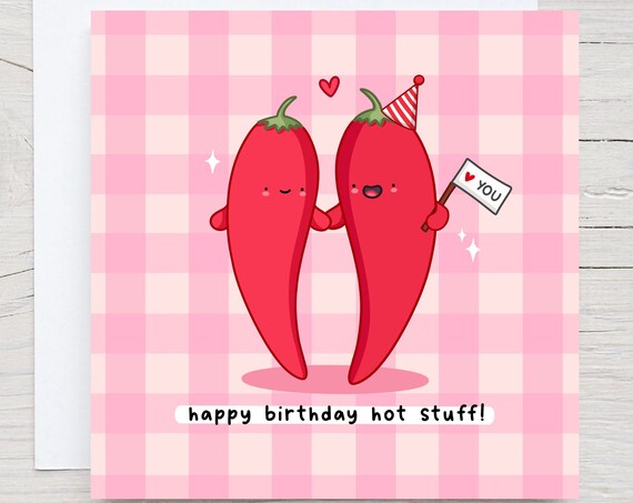 Happy Birthday Hot Stuff Card Funny Pun Birthday Card Punny Love Card Chilli Pun Gingham