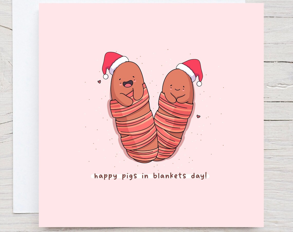 Kawaii Pigs in Blankets Christmas Pun Poster with Santa Hats