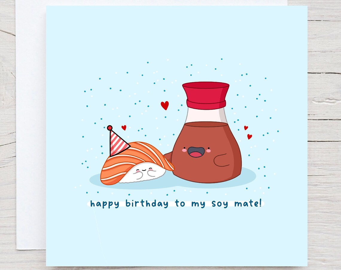 Happy Birthday To My Soy Mate Sushi Card Print On Light Blue