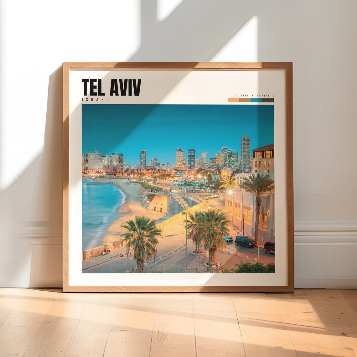 Tel Aviv Israel Beach Promenade Palms City Skyline Dusk Poster
