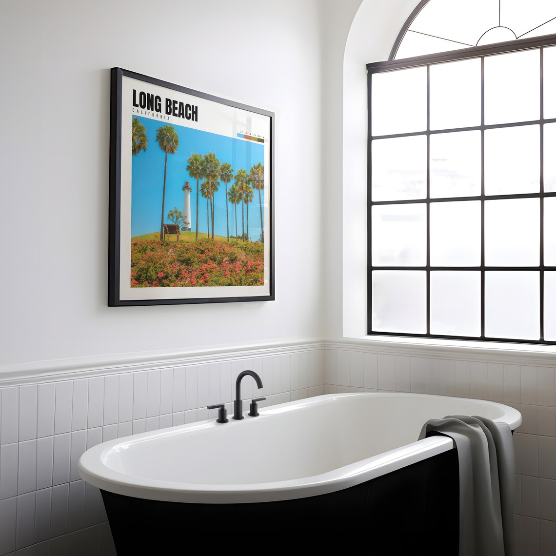 Long Beach California Lighthouse Palm Trees Flower Hill Poster - Image 2